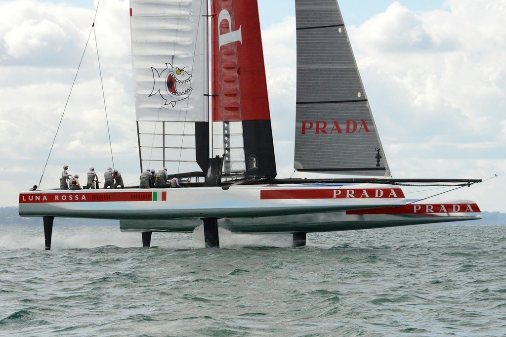 Luna Rossa in full flight - the windward foil is now dropped ready for the gybe - Emirates Team NZ and Luna Rossa Race Training - March 6, 2013 © Sail-World.com/NZ 
